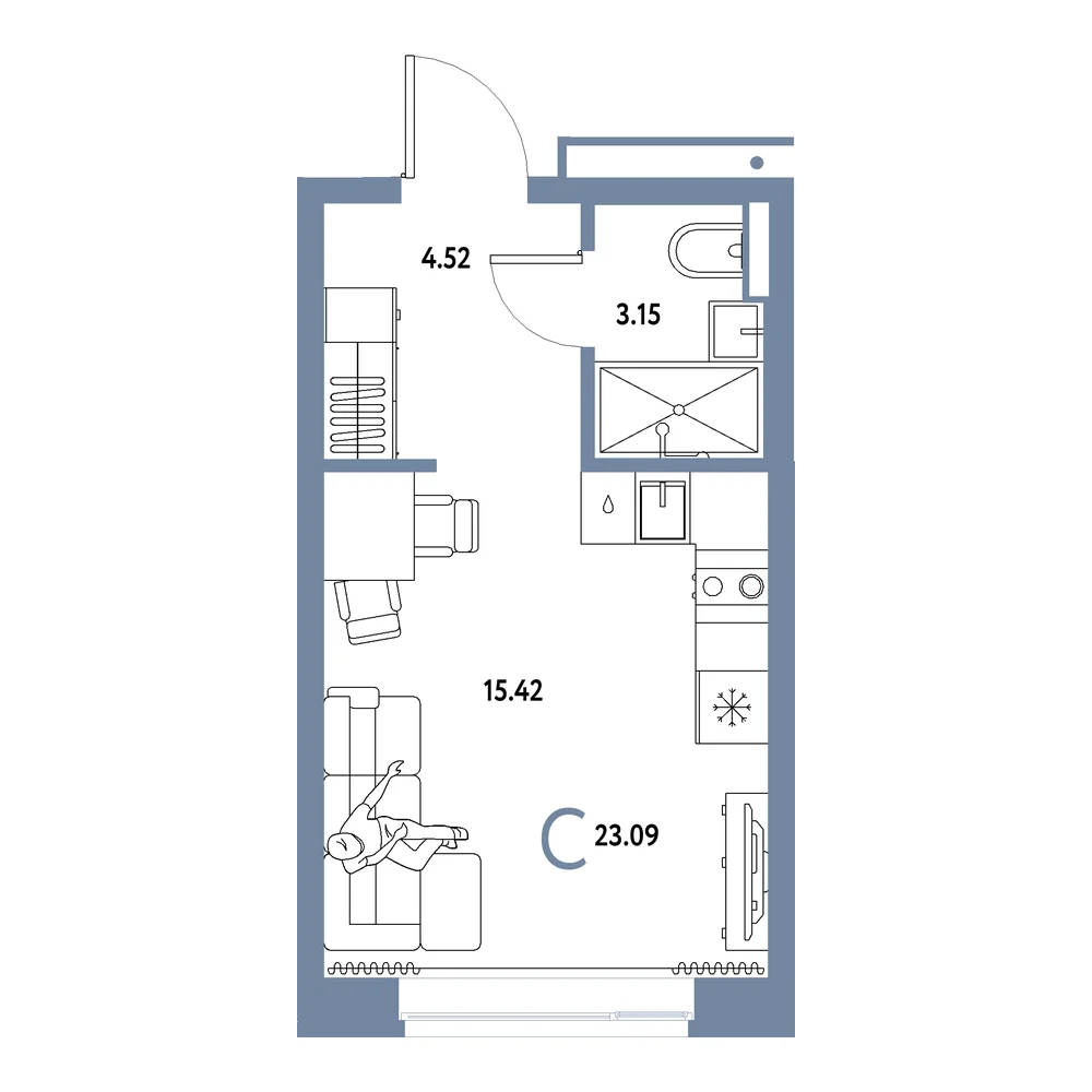 Планировка: Домашний Студия 23,09м²
