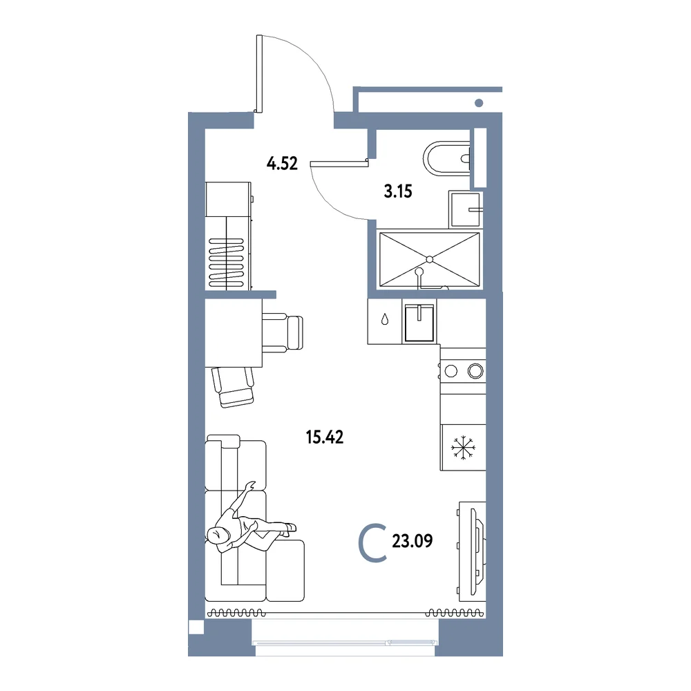 Планировка: Домашний Студия 23,09м²