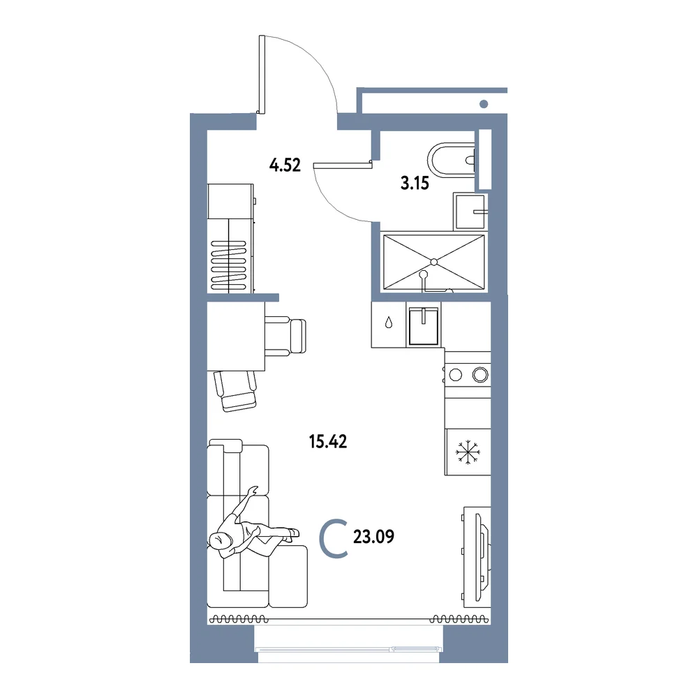 Планировка: Домашний Студия 23,09м²