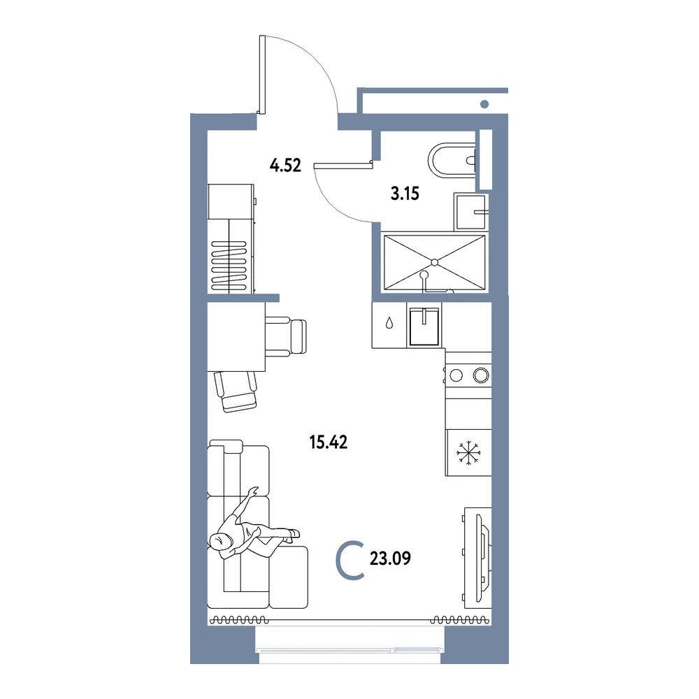 Планировка: Домашний Студия 23,09м²