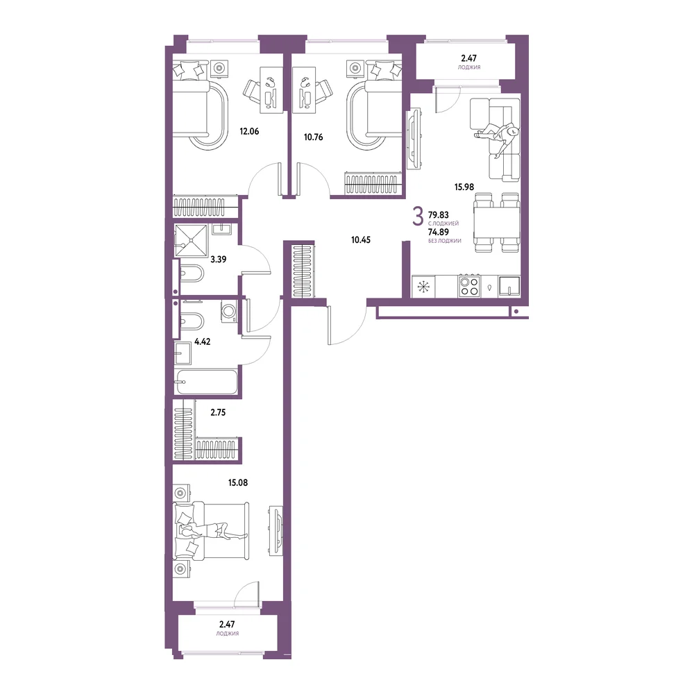 Планировка: Домашний 3-комнатная 79,83м²
