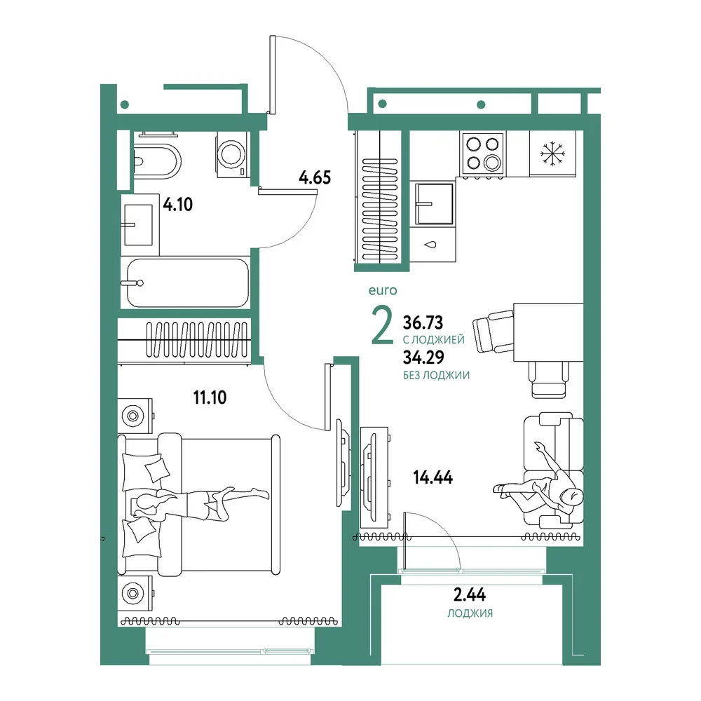 Планировка: Домашний 2-комнатная 36,73м²
