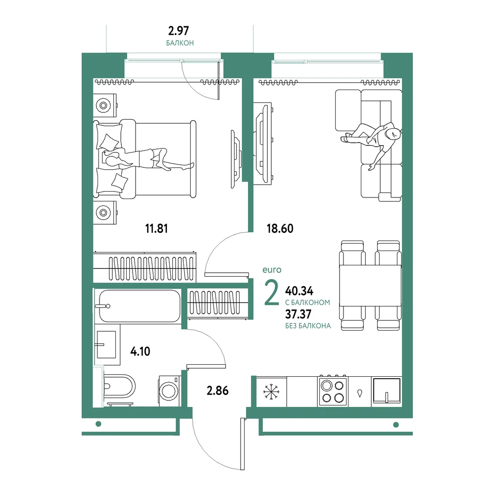 Планировка: Домашний 2-комнатная 40,34м²