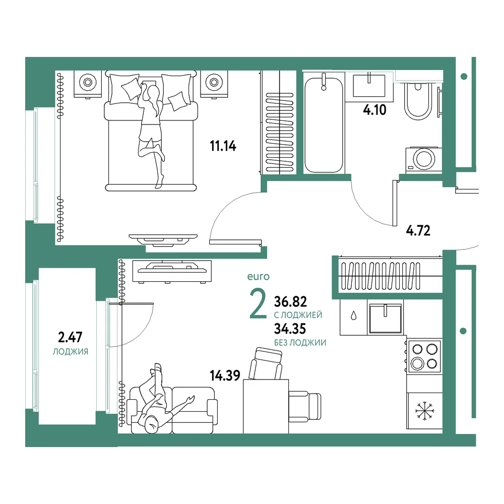 Планировка: Домашний 2-комнатная 36,82м²