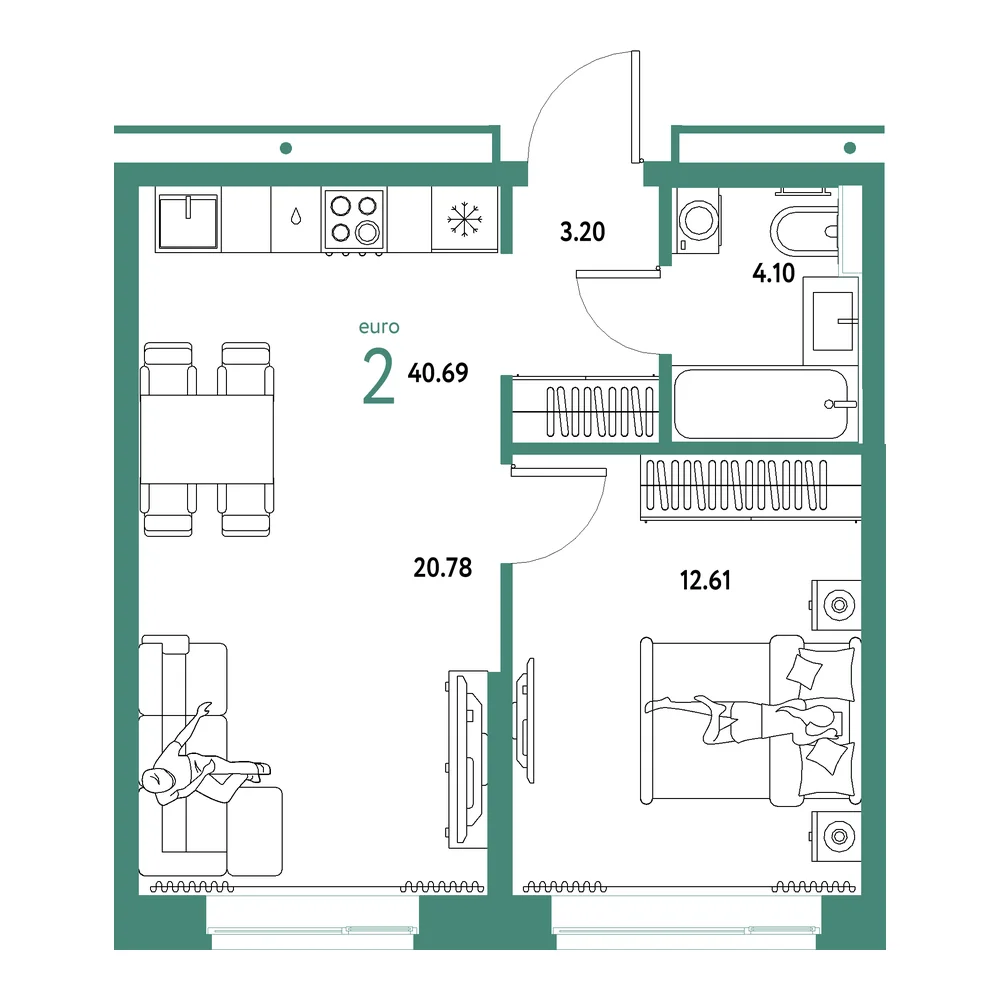 Планировка: Домашний 2-комнатная 40,69м²
