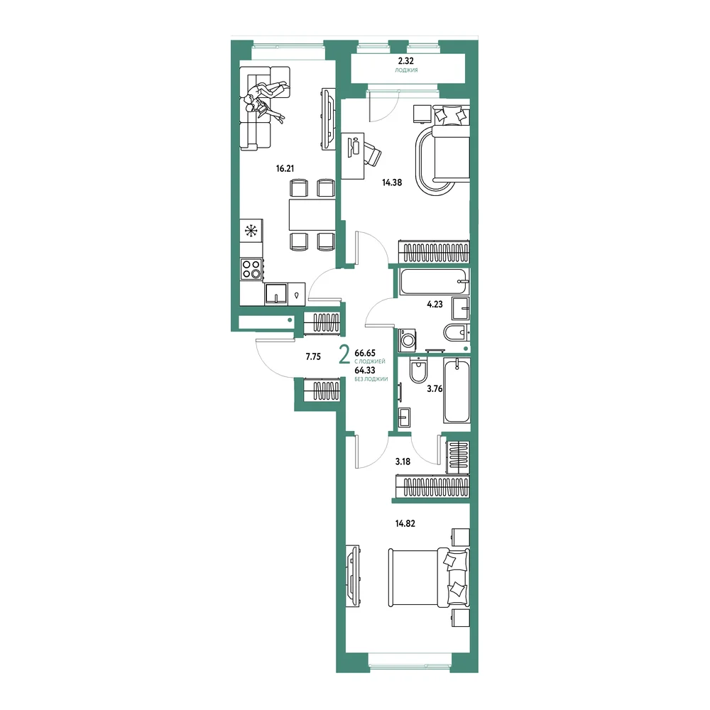 Планировка: Домашний 2-комнатная 66,65м²
