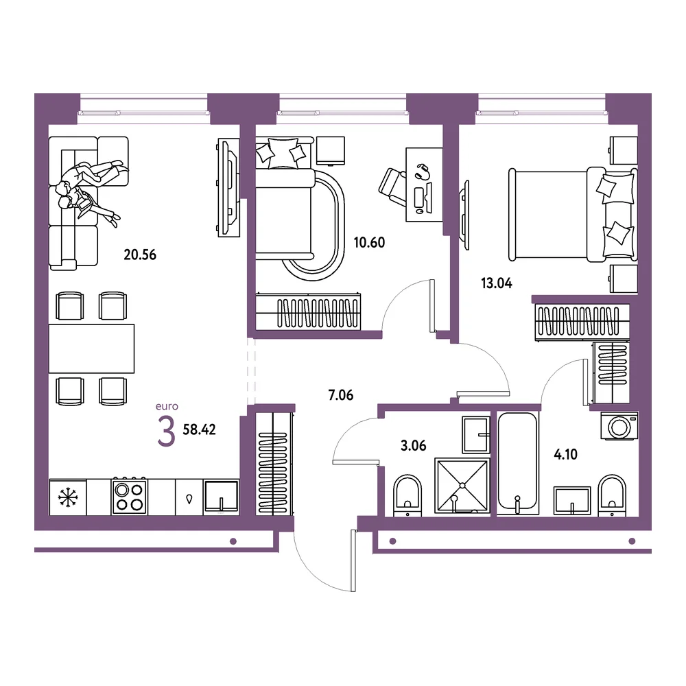 Планировка: Домашний 3-комнатная 58,42м²