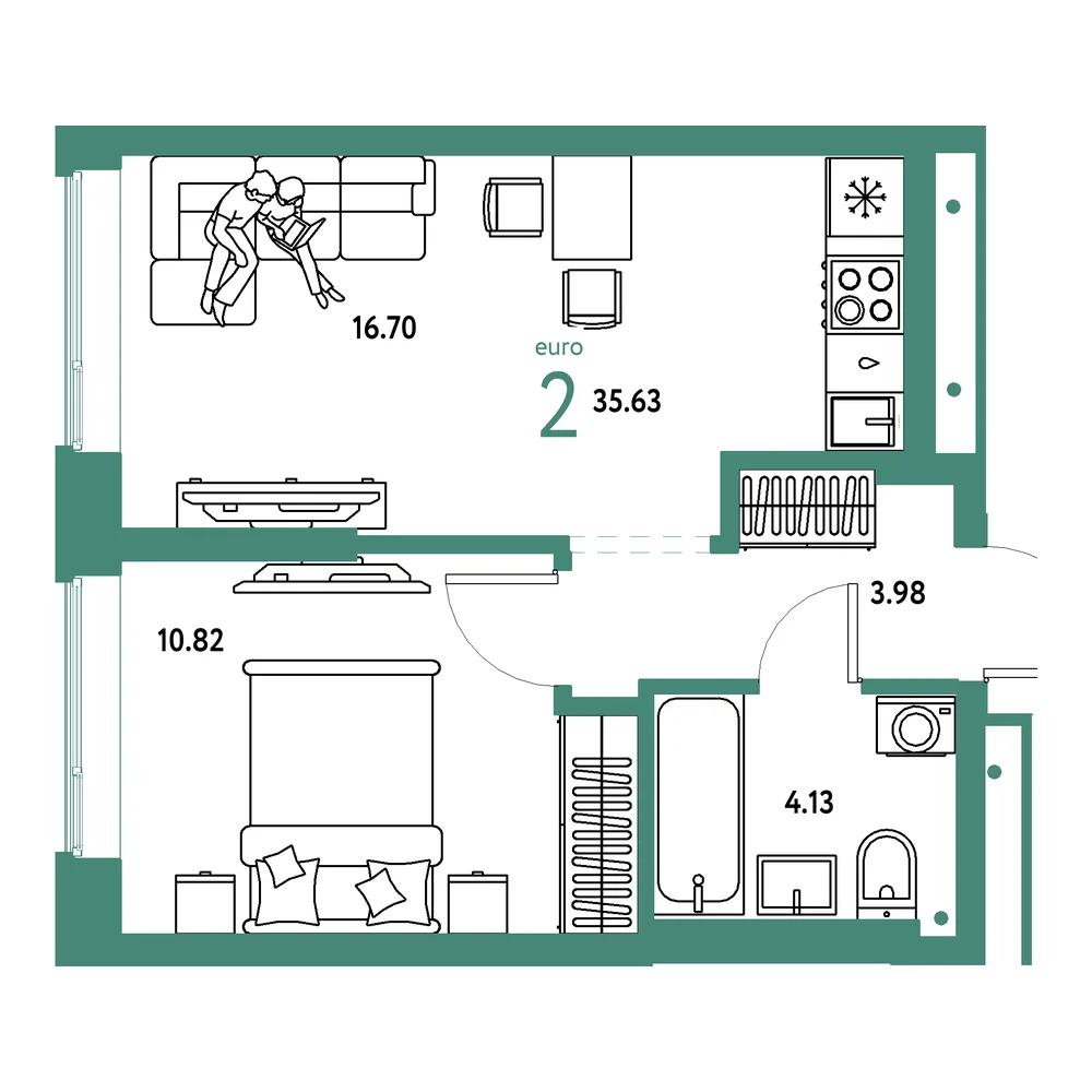 Планировка: Домашний 2-комнатная 35,63м²