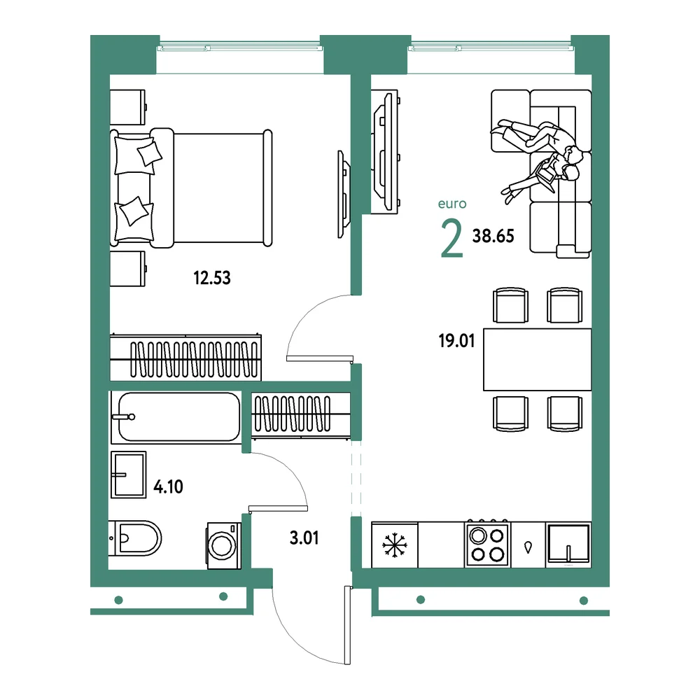 Планировка: Домашний 2-комнатная 38,65м²