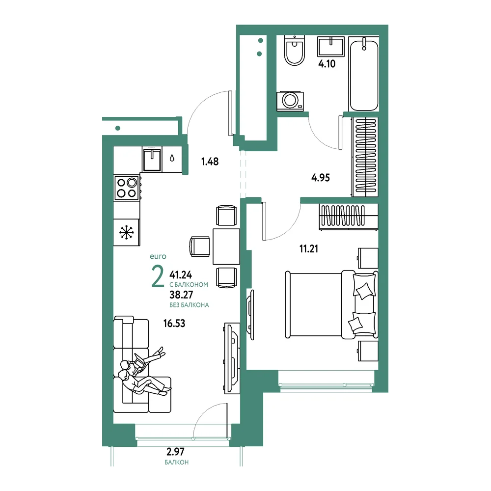 Планировка: Домашний 2-комнатная 41,24м²