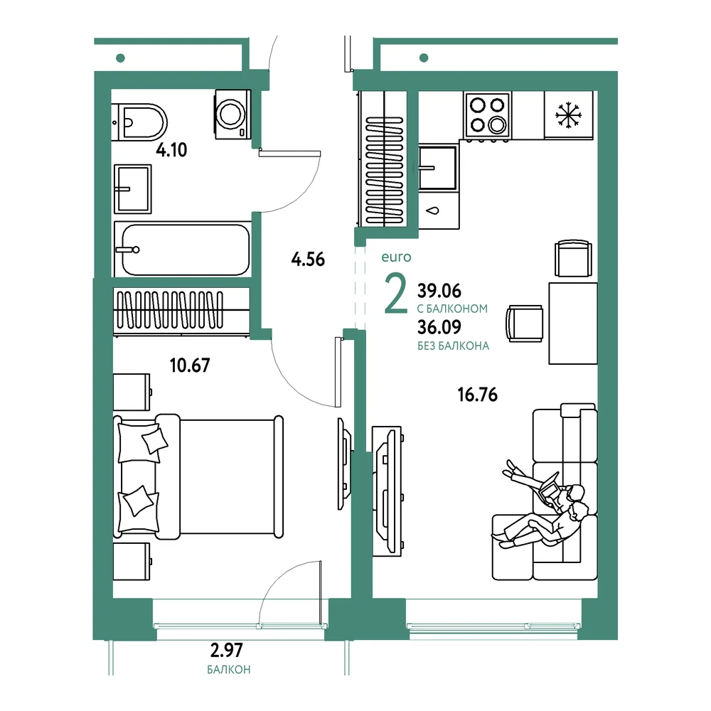 Планировка: Домашний 2-комнатная 39,06м²