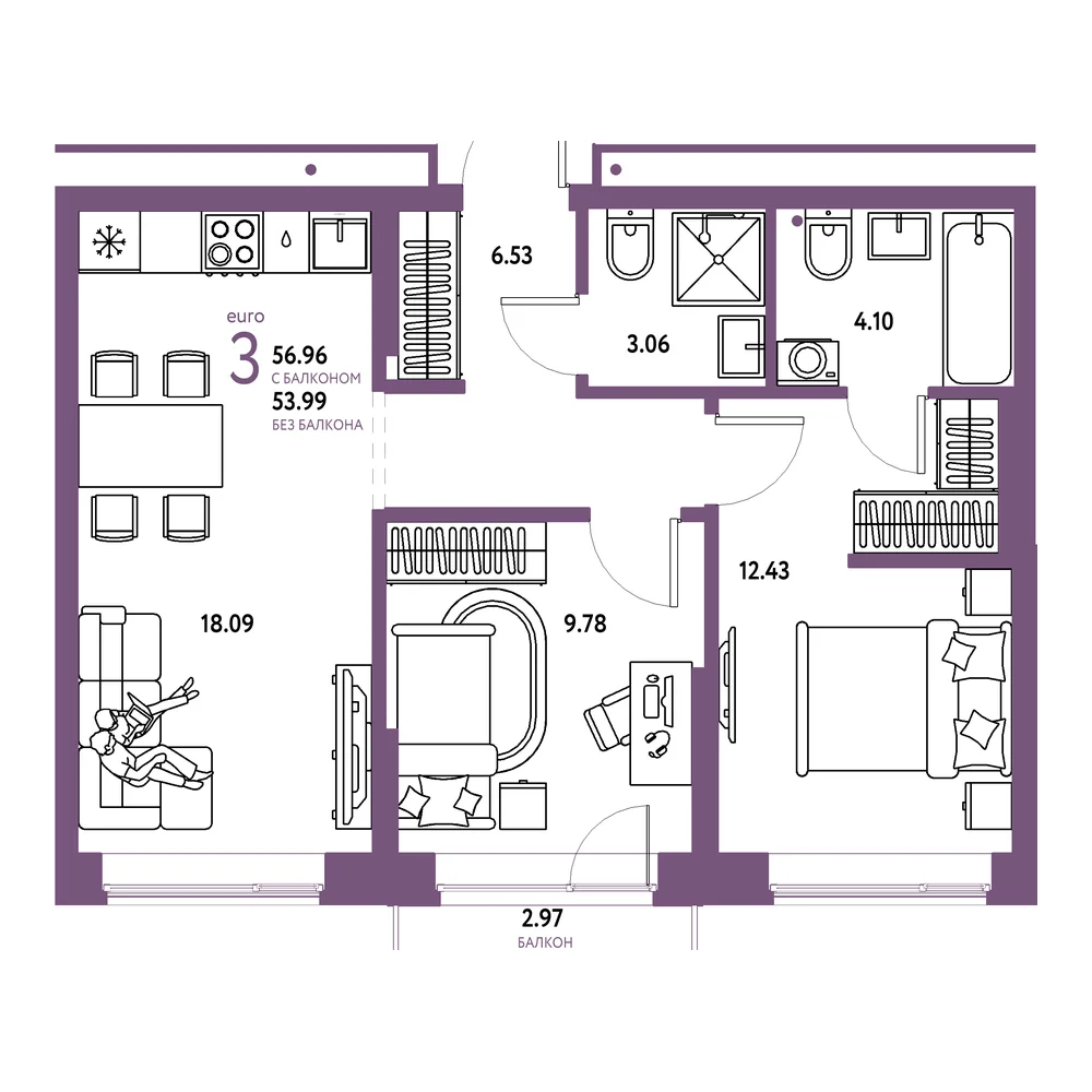 Планировка: Домашний 3-комнатная 56,96м²
