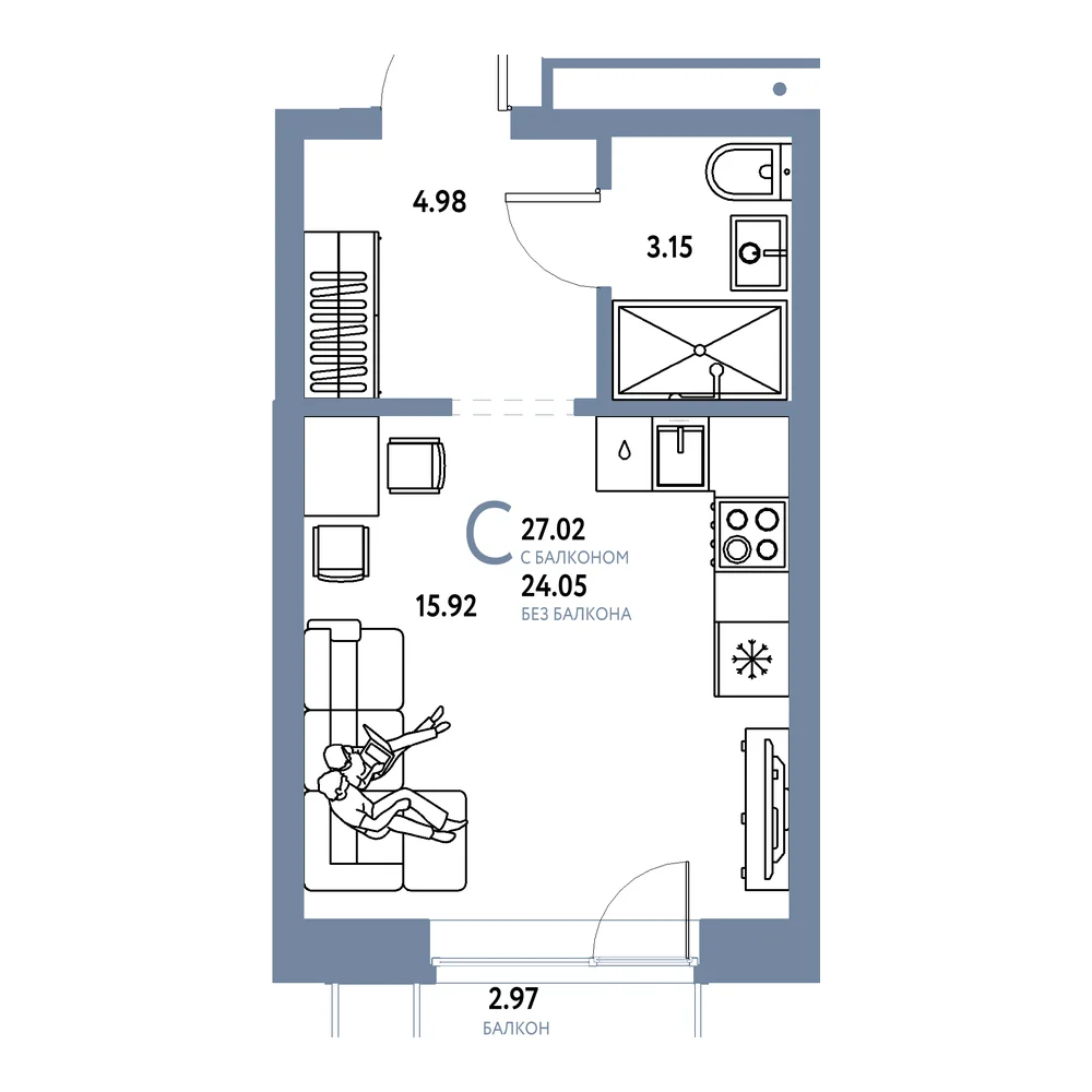 Планировка: Домашний Студия 27,02м²