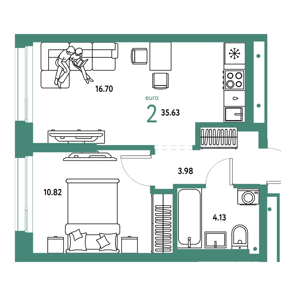 Планировка: Домашний 2-комнатная 35,63м²