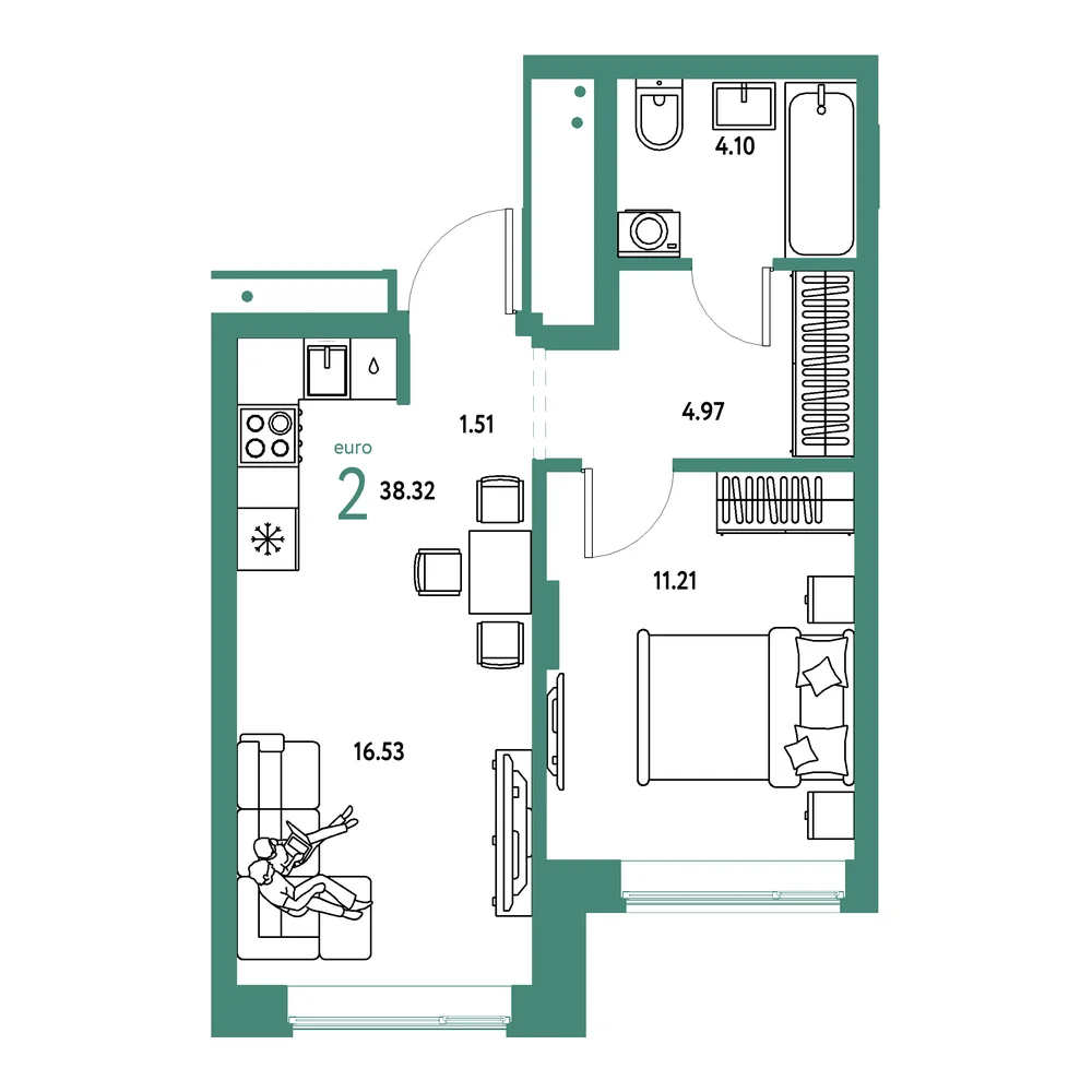 Планировка: Домашний 2-комнатная 38,32м²