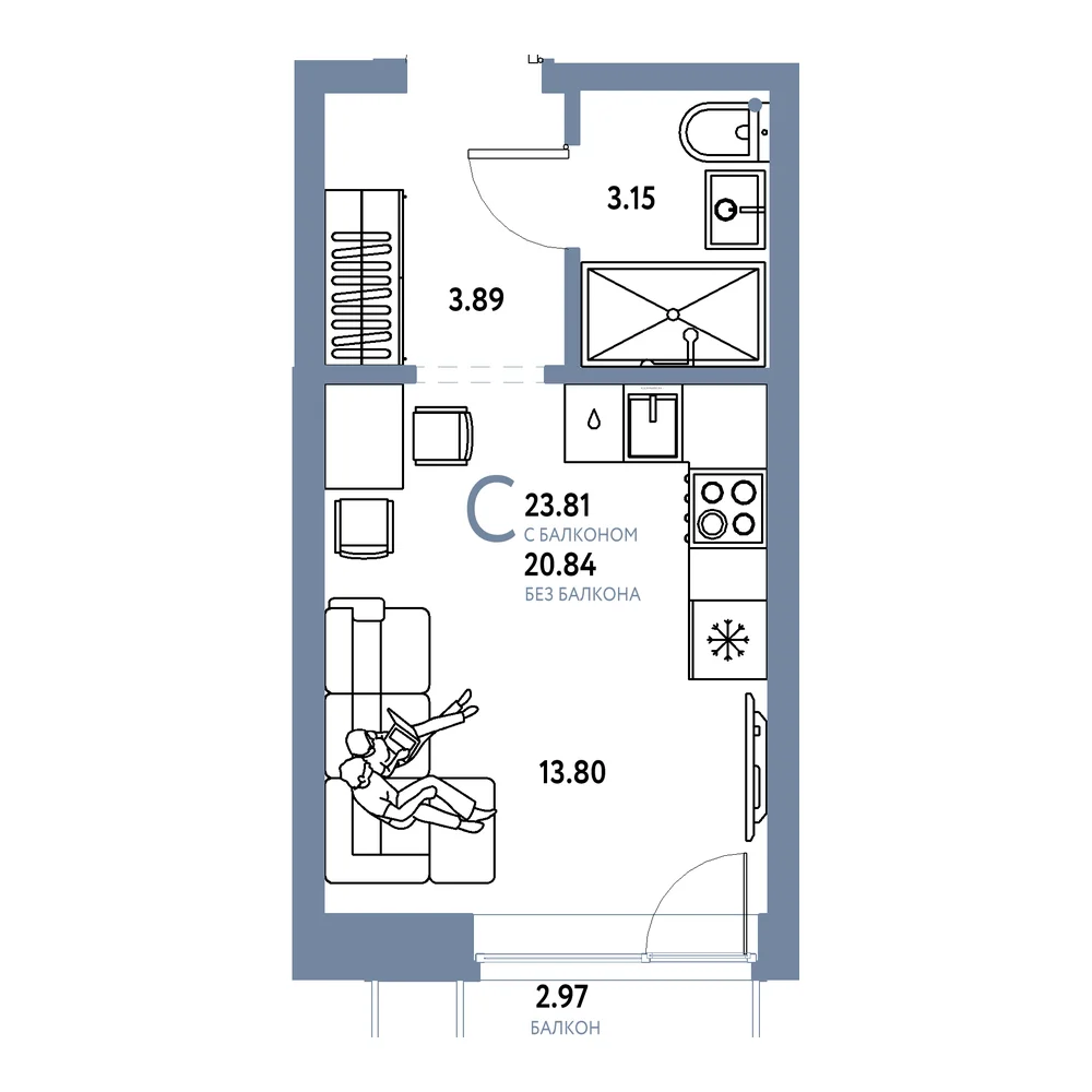 Планировка: Домашний Студия 23,81м²