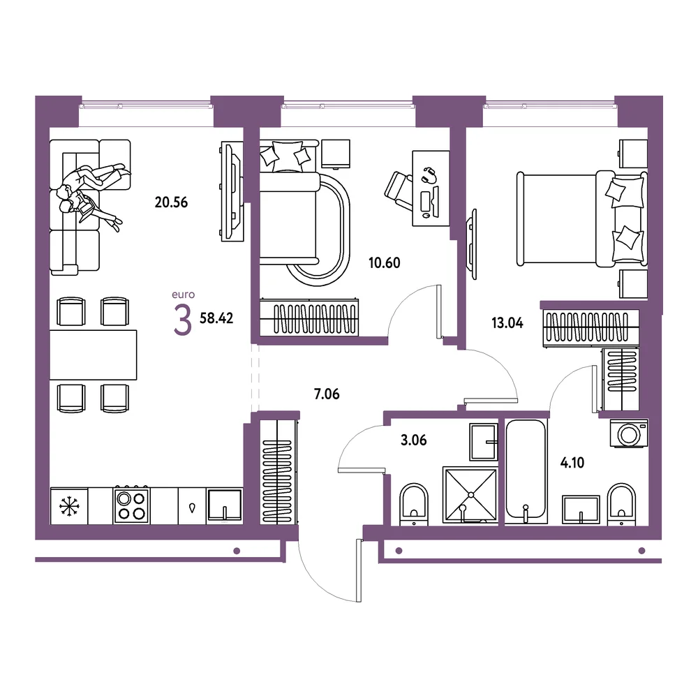 Планировка: Домашний 3-комнатная 58,42м²