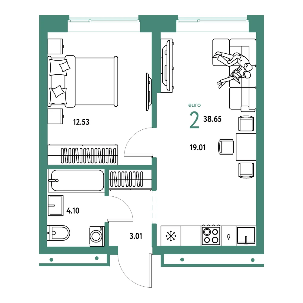 Планировка: Домашний 2-комнатная 38,65м²