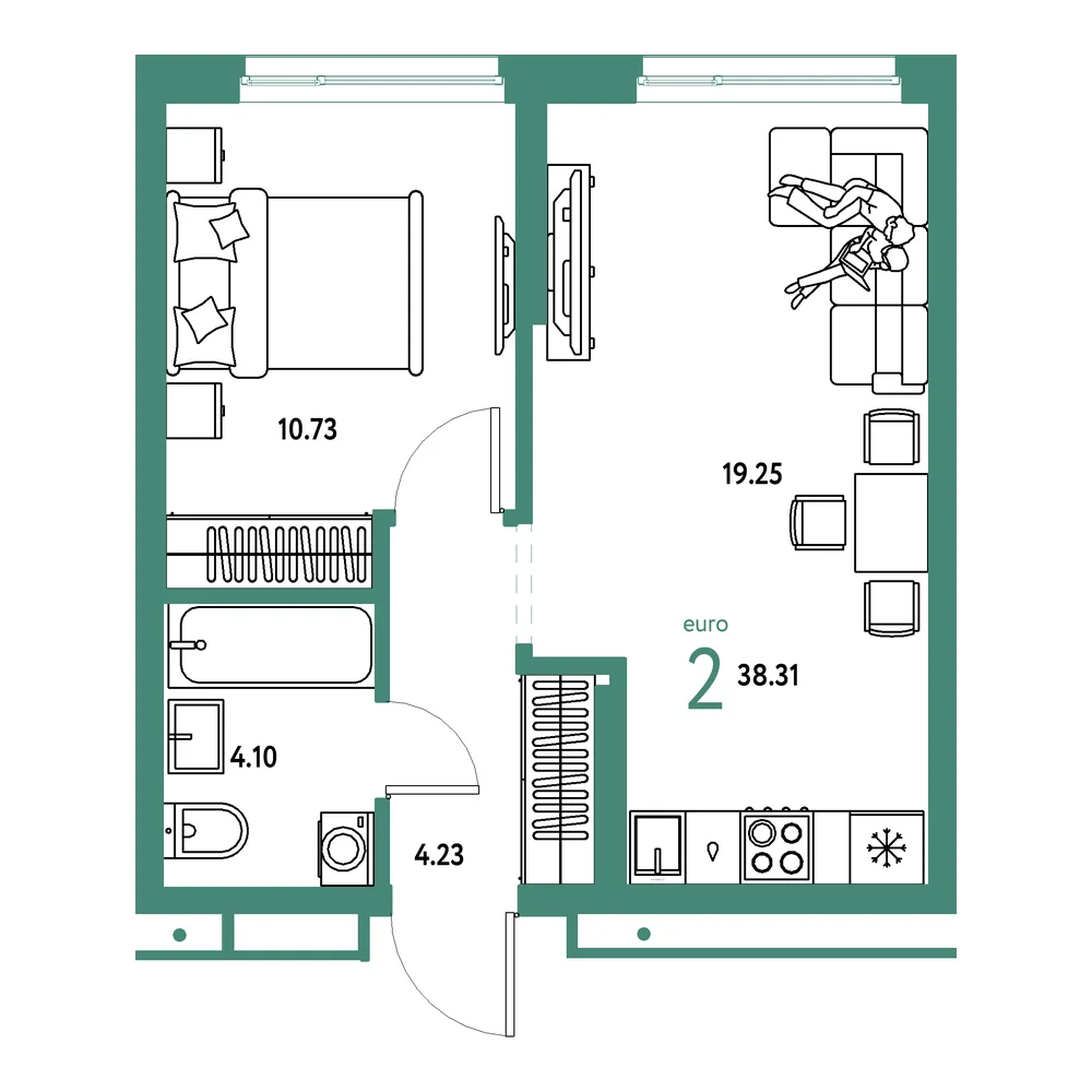 Планировка: Домашний 2-комнатная 38,31м²