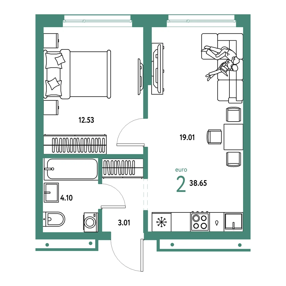 Планировка: Домашний 2-комнатная 38,65м²