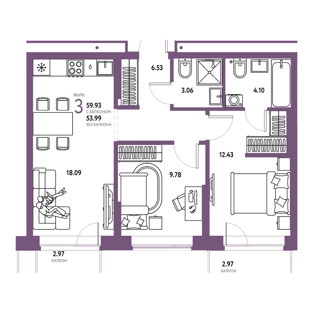 Планировка: Домашний 3-комнатная 59,93м²
