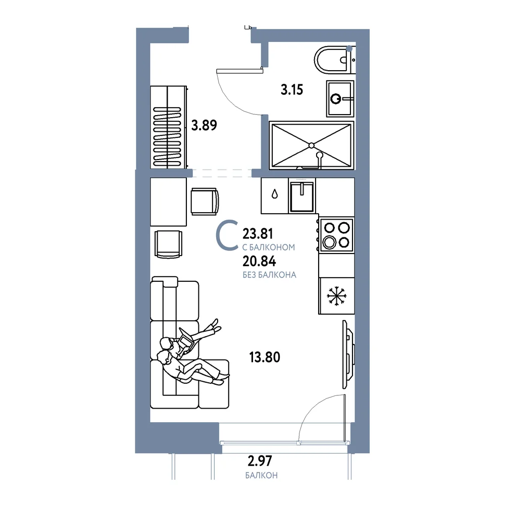 Планировка: Домашний Студия 23,81м²