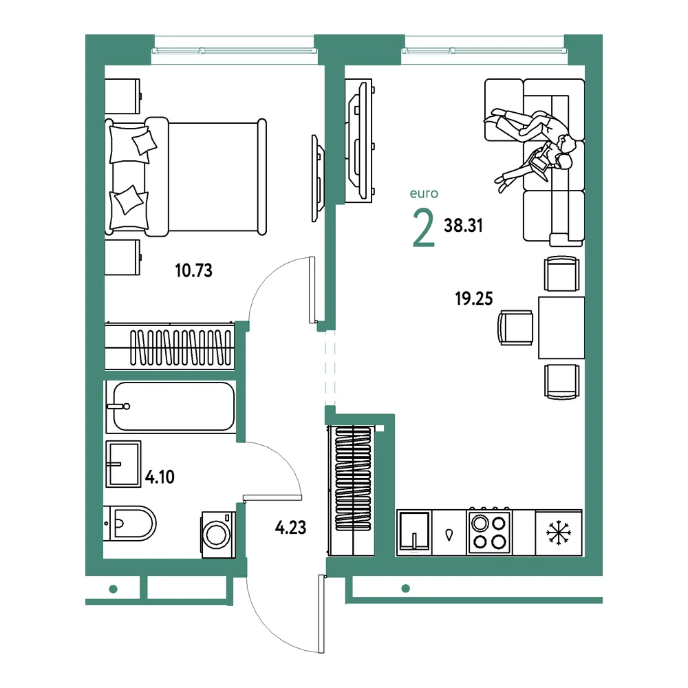 Планировка: Домашний 2-комнатная 38,31м²