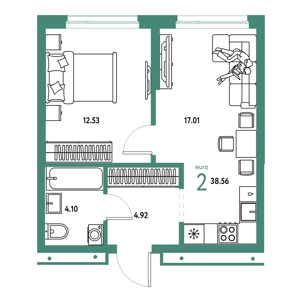 Планировка: Домашний 2-комнатная 38,56м²