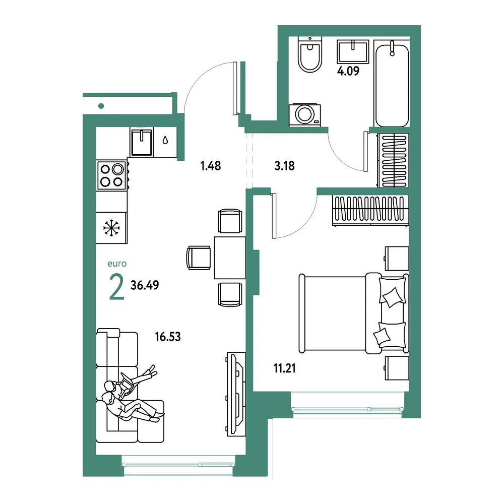 Планировка: Домашний 2-комнатная 36,49м²