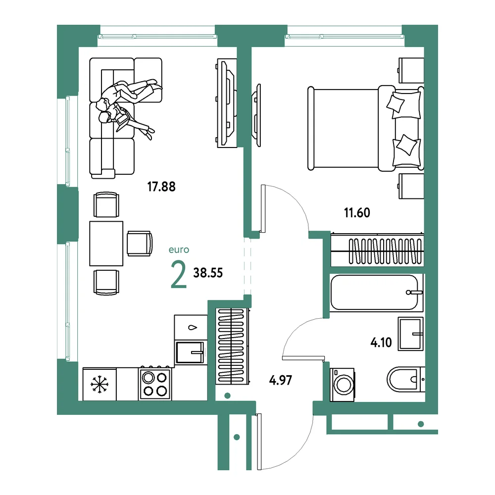 Планировка: Домашний 2-комнатная 38,55м²