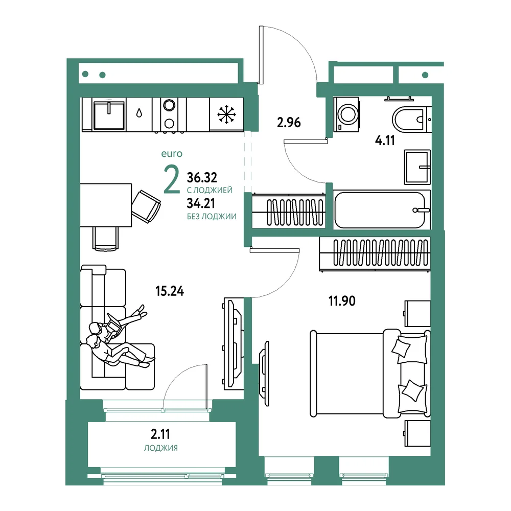 Планировка: Домашний 2-комнатная 36,32м²