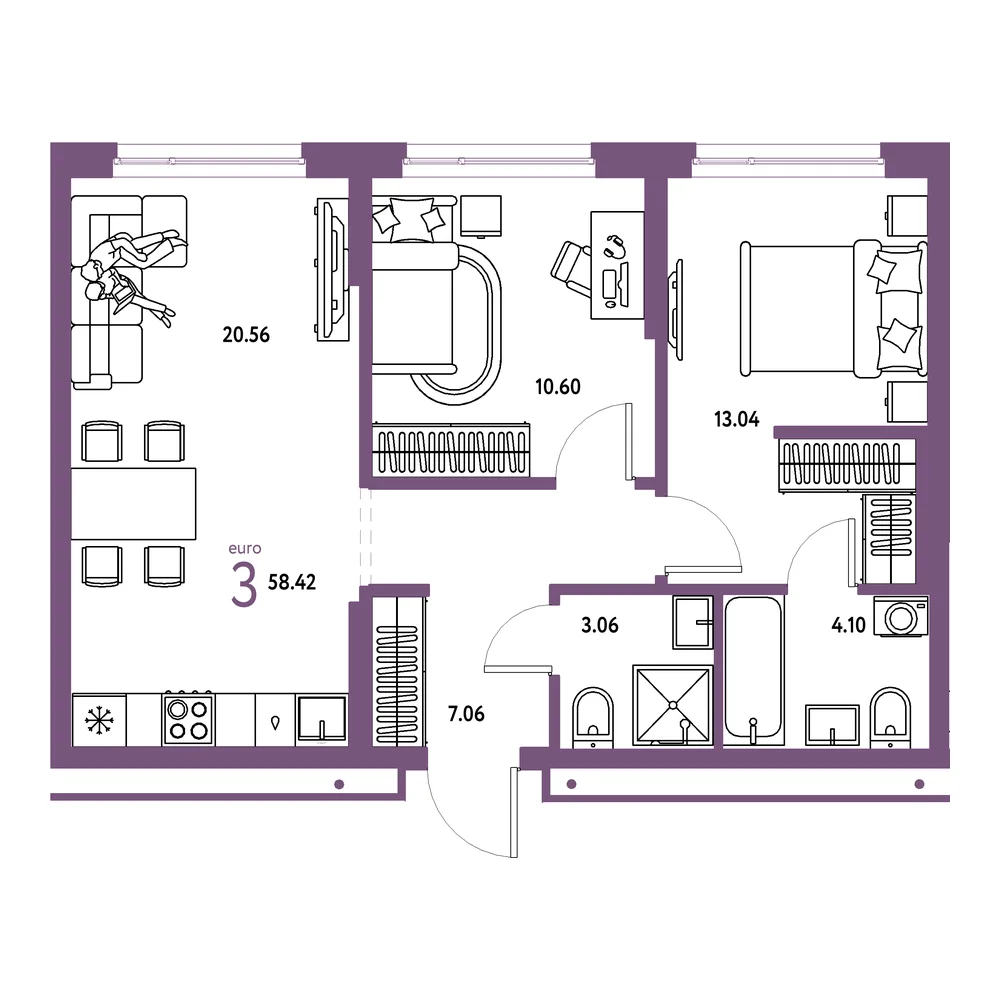 Планировка: Домашний 3-комнатная 58,42м²