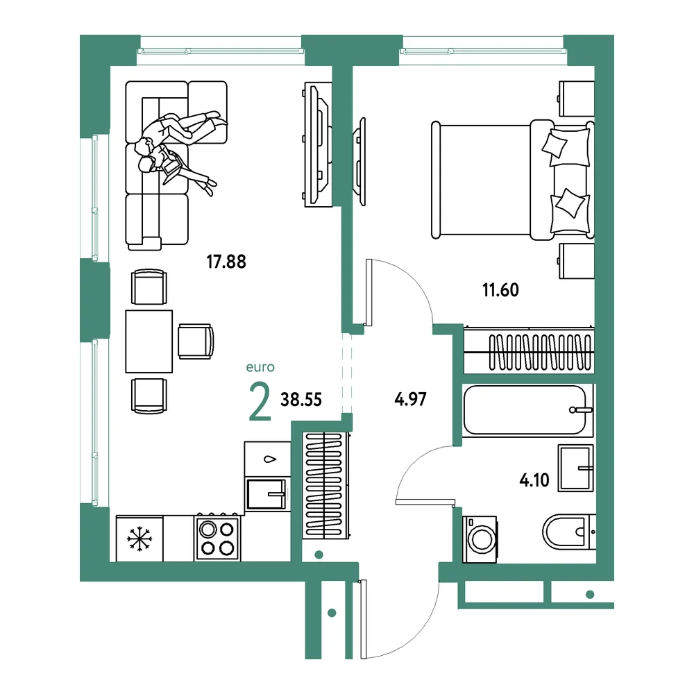 Планировка: Домашний 2-комнатная 38,55м²