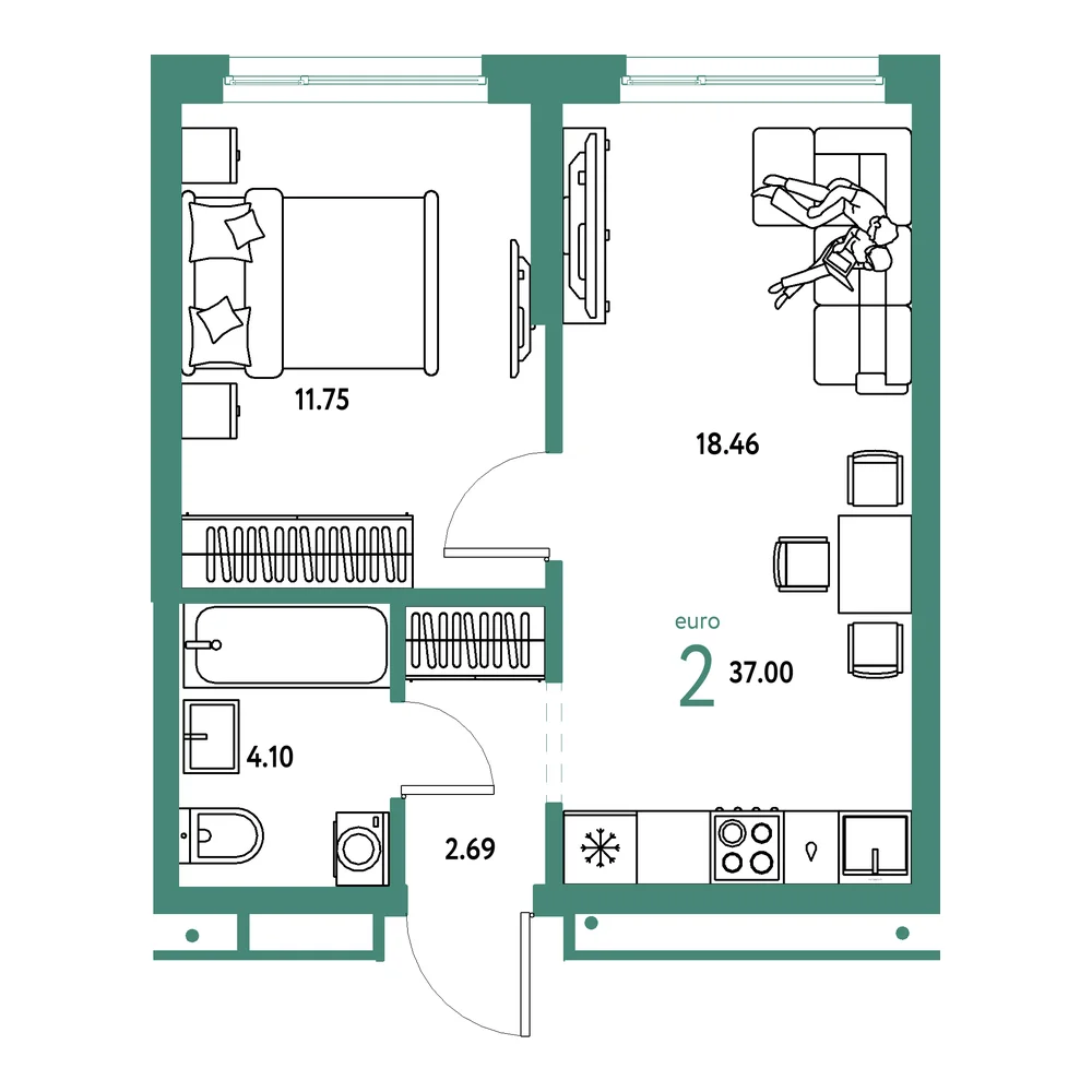 Планировка: Домашний 2-комнатная 37,00м²