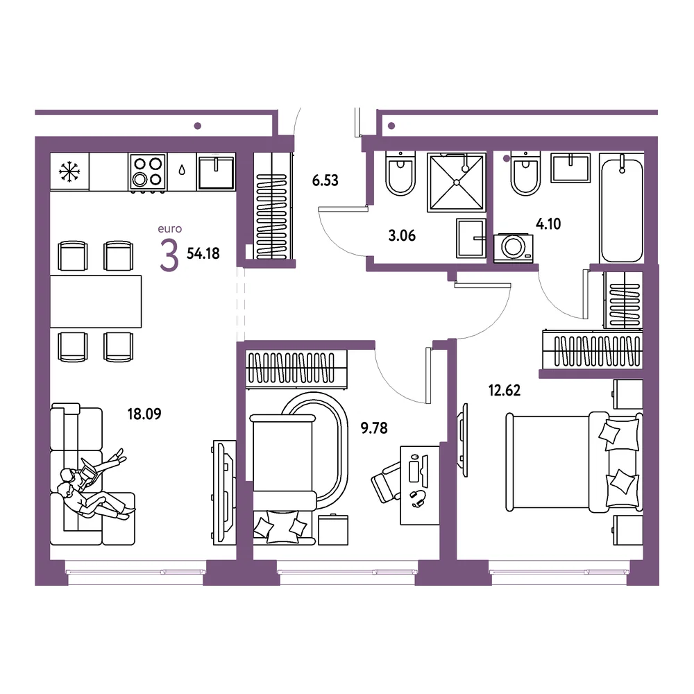 Планировка: Домашний 3-комнатная 54,18м²
