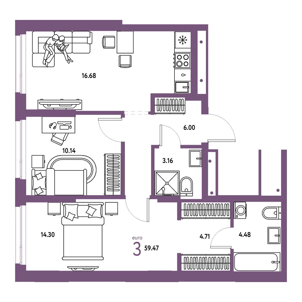 Планировка: Домашний 3-комнатная 59,47м²