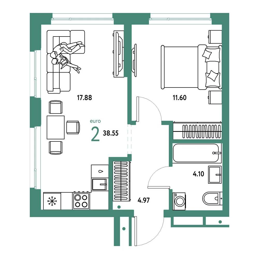 Планировка: Домашний 2-комнатная 38,55м²