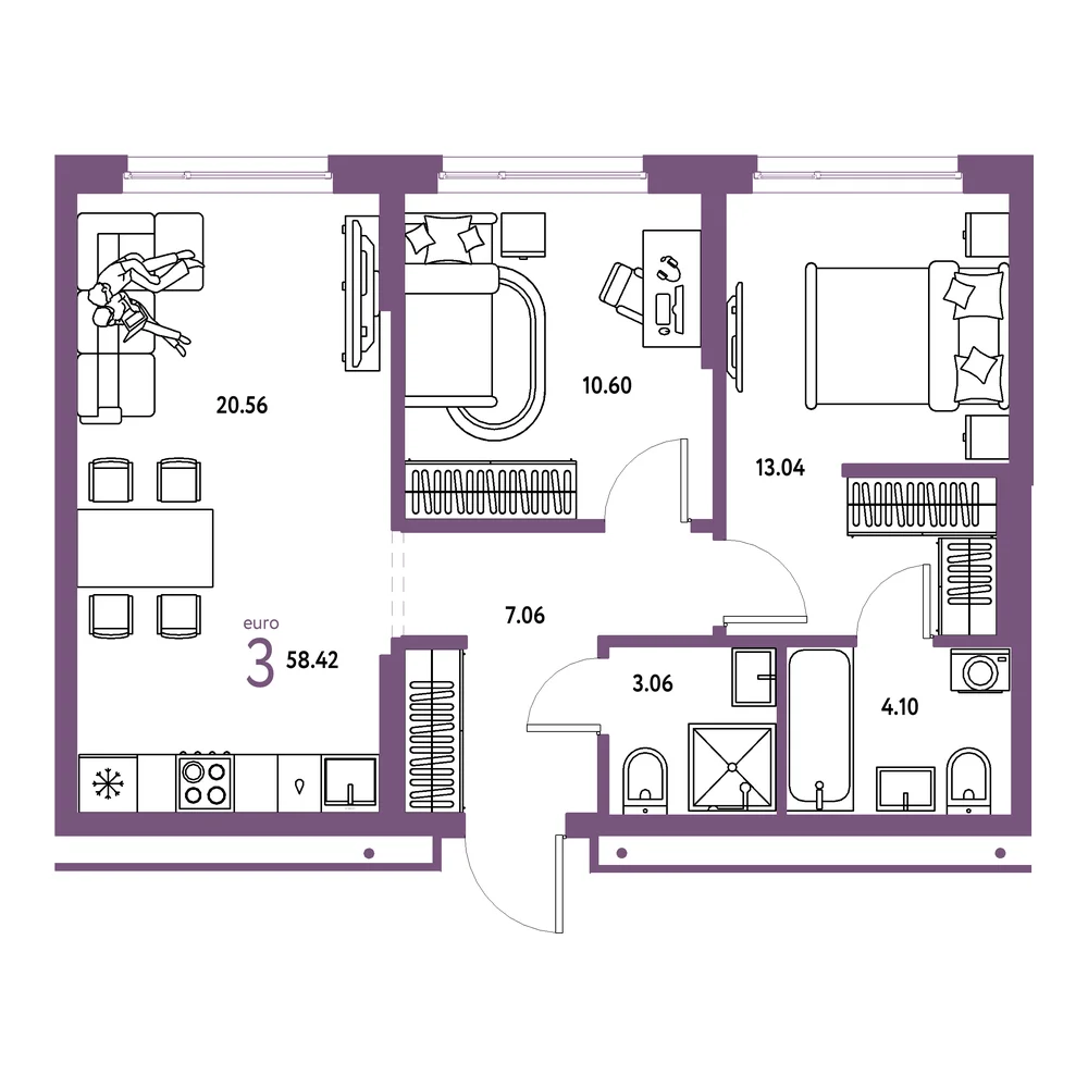 Планировка: Домашний 3-комнатная 58,42м²