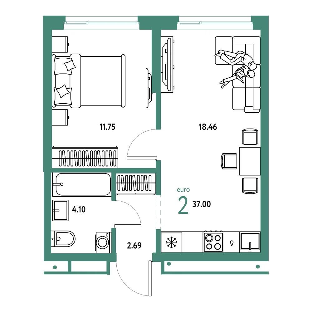 Планировка: Домашний 2-комнатная 37,00м²