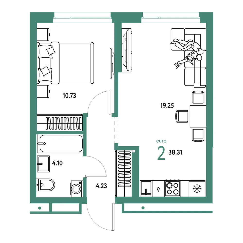 Планировка: Домашний 2-комнатная 38,31м²