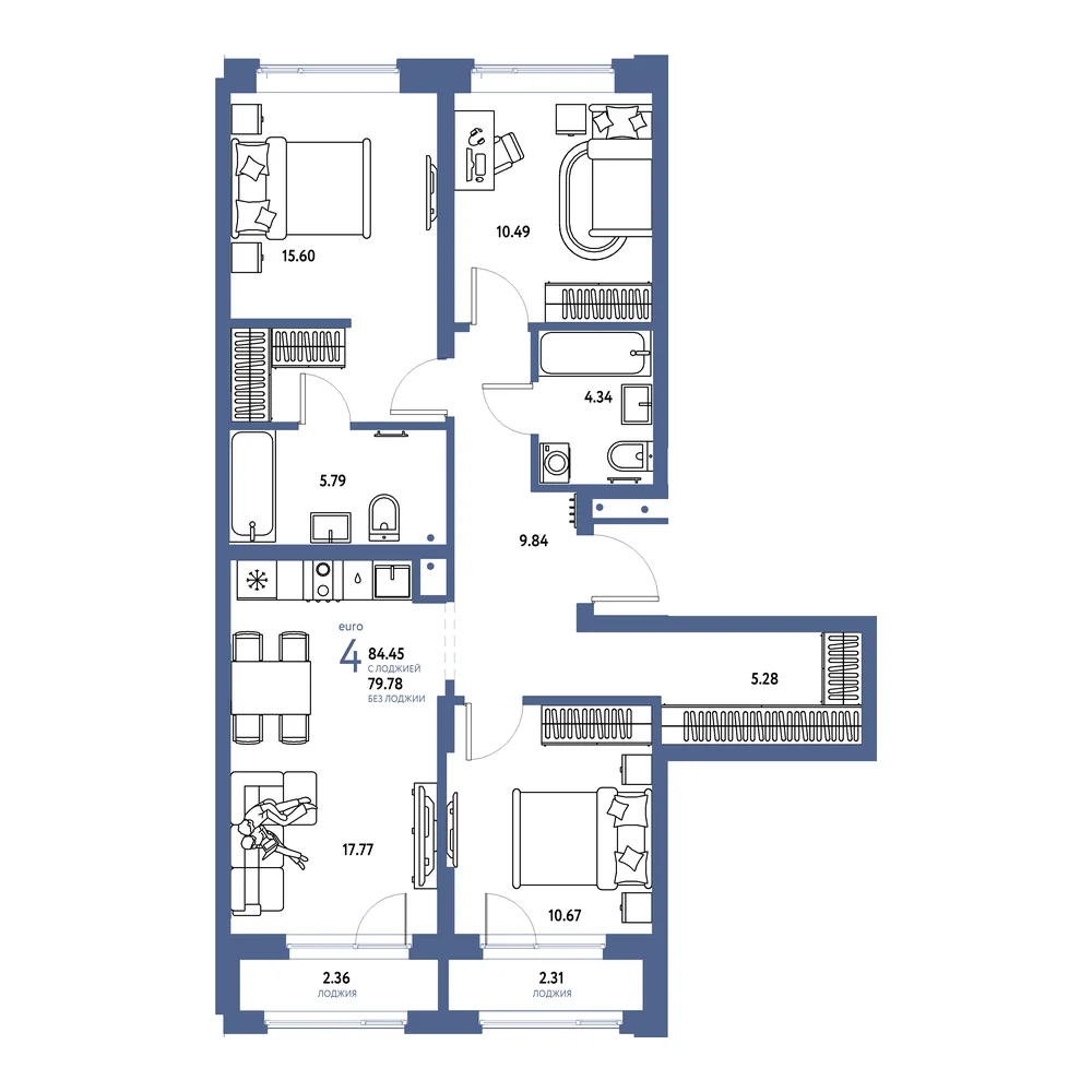 Планировка: Домашний 4-комнатная 84,45м²