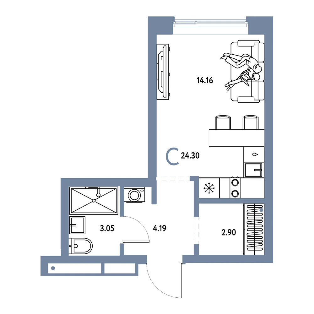 Планировка: Домашний Студия 24,30м²