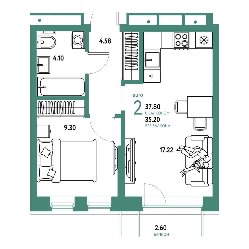 Планировка: Домашний 2-комнатная 37,80м²