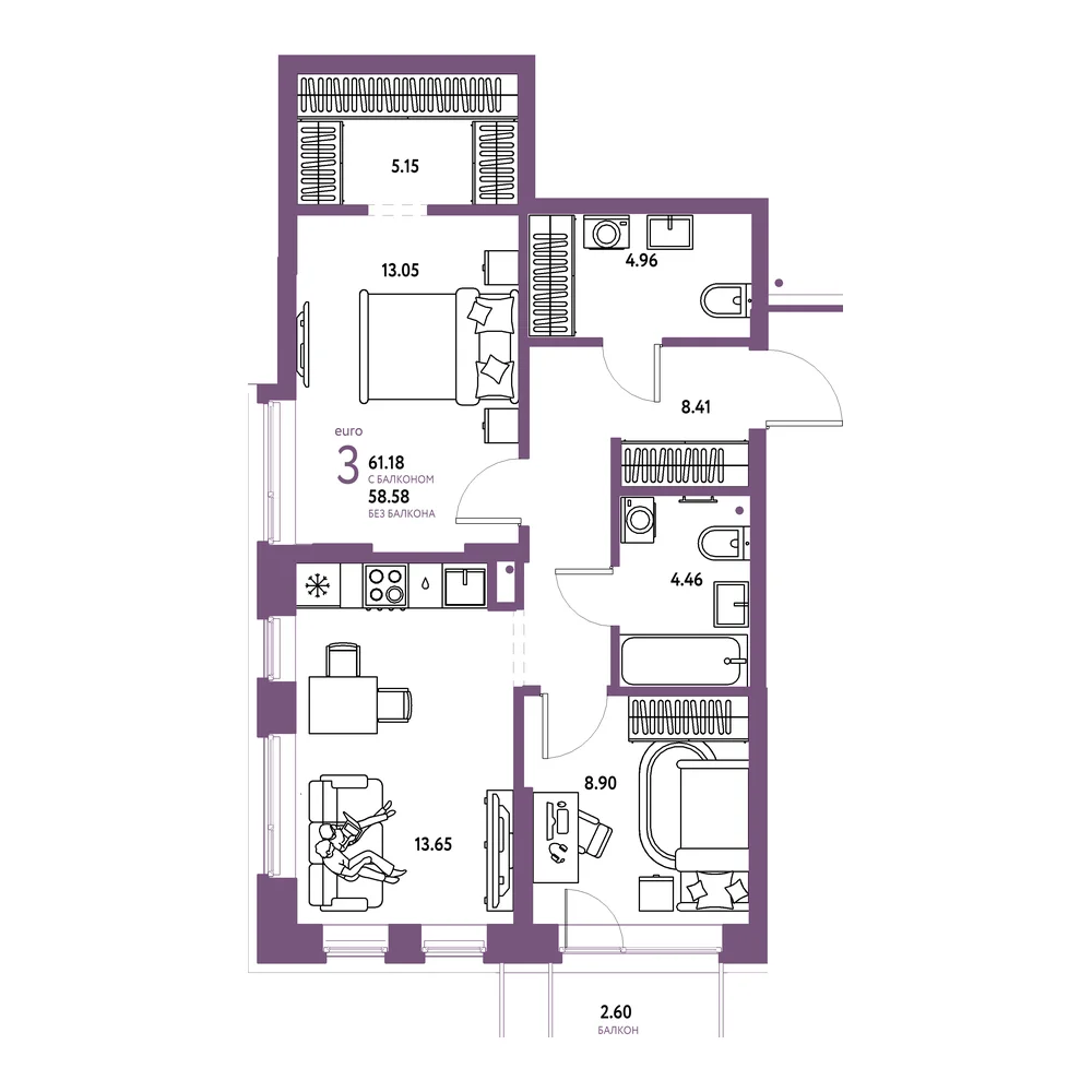 Планировка: Домашний 3-комнатная 61,18м²