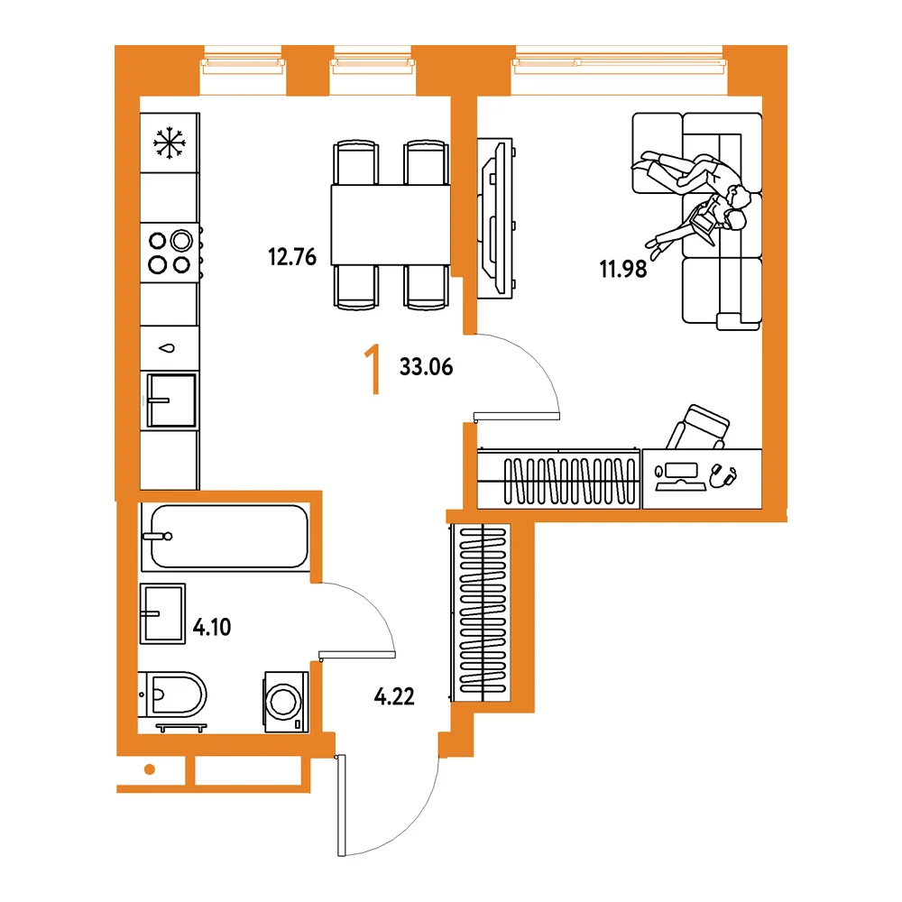 Планировка: Домашний 1-комнатная 33,06м²