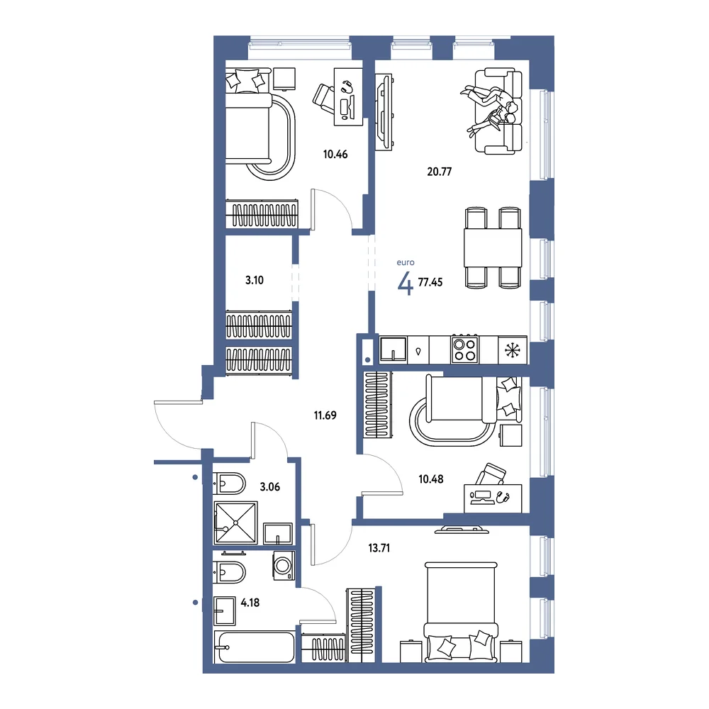 Планировка: Домашний 4-комнатная 77,45м²