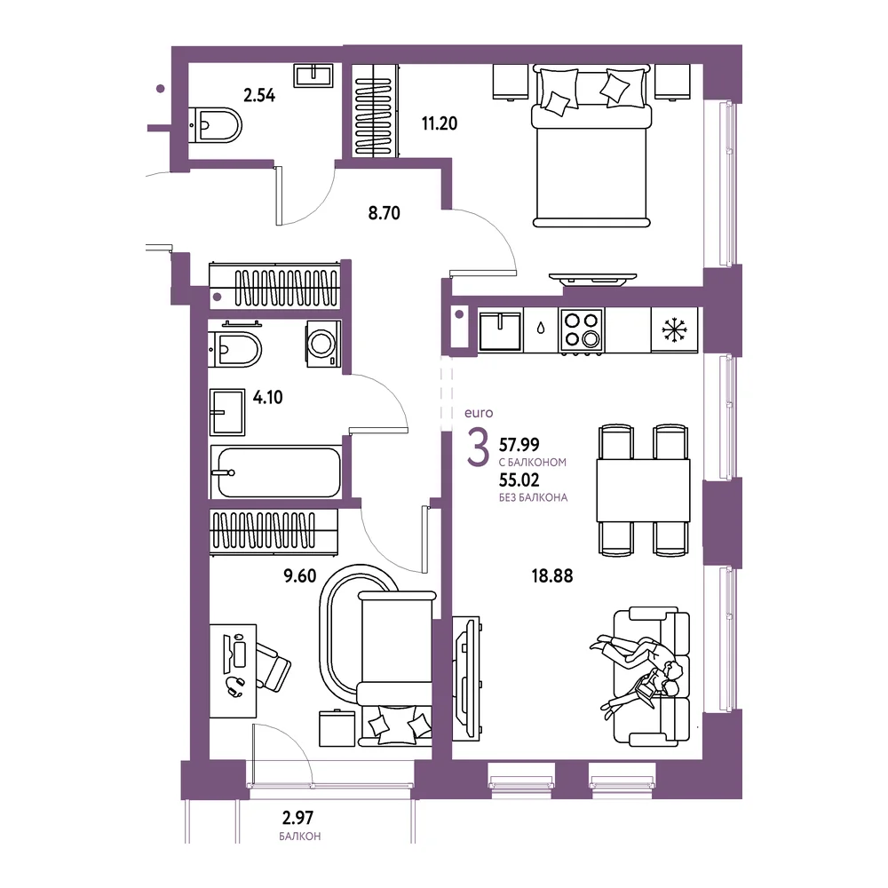 Планировка: Домашний 3-комнатная 57,99м²