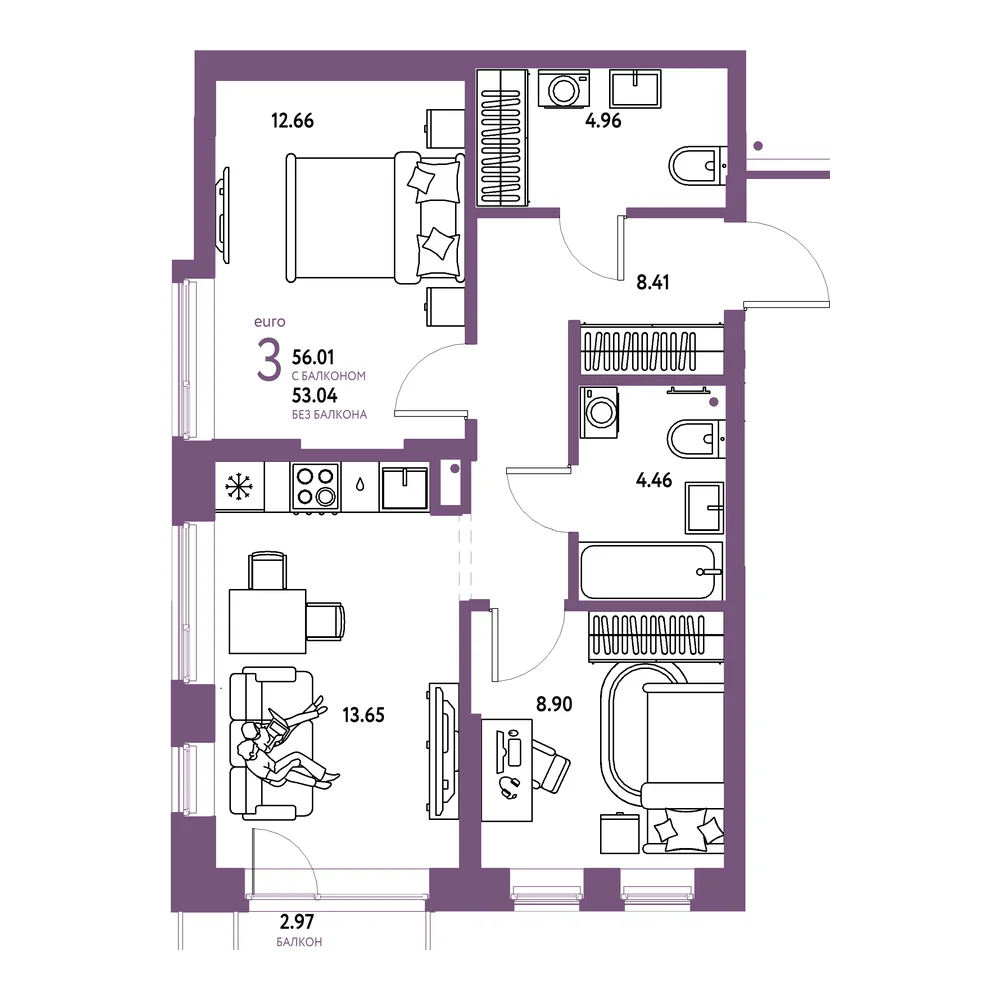 Планировка: Домашний 3-комнатная 56,01м²