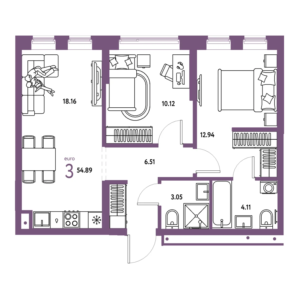 Планировка: Домашний 3-комнатная 54,89м²