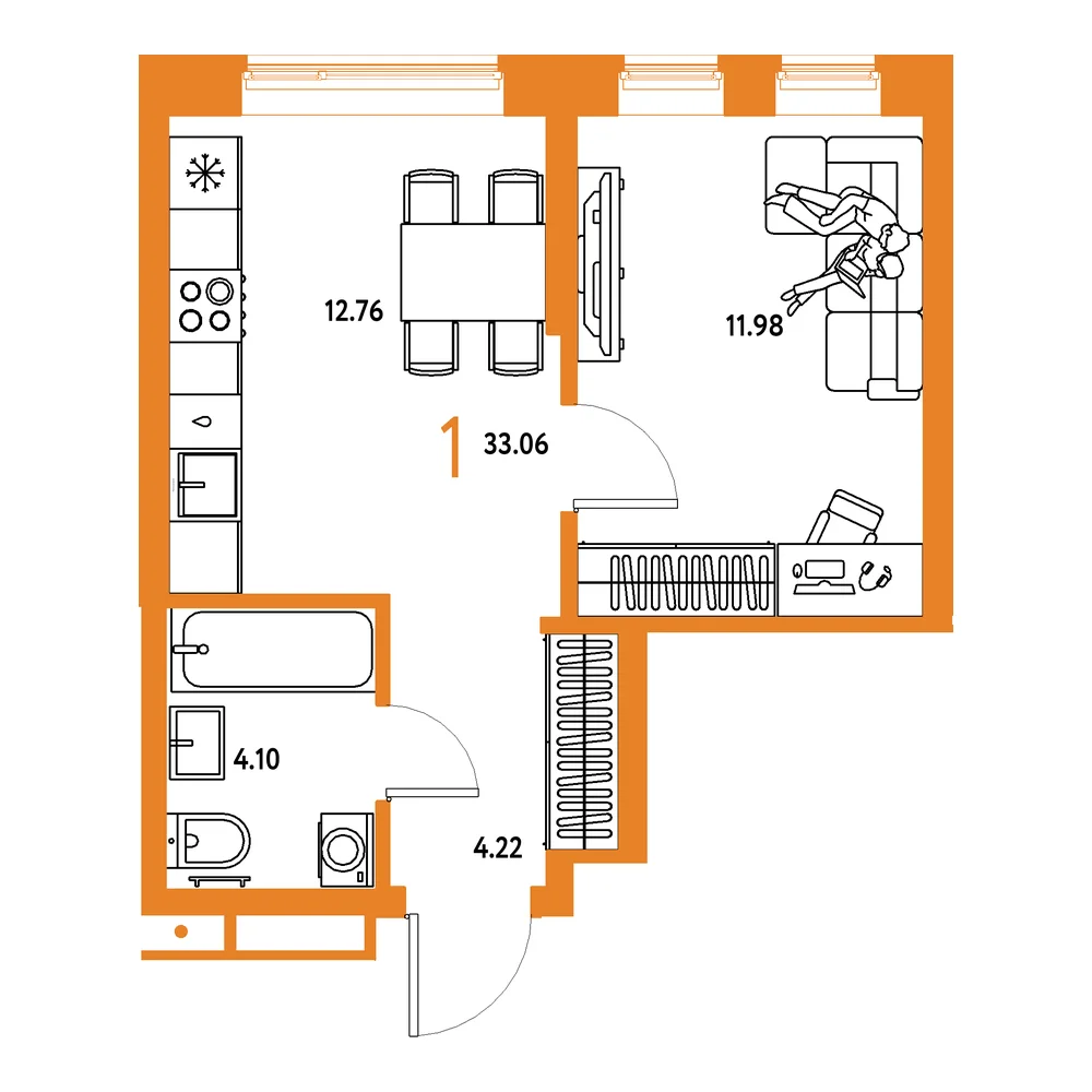 Планировка: Домашний 1-комнатная 33,06м²